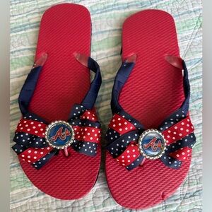 Atlanta Braves Baseball Red and Blue Sandals with Polka Dot Bow